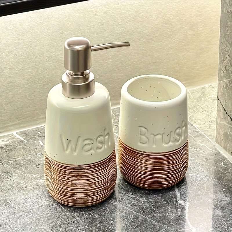 Bathroom Organization and Storage Set: Minimalist Ceramic Soap Dispenser, Smooth Porcelain Toothbrush Cup, Hotel Toilet Shampoo & Shower Gel Empty Bottles, Ceramic Press-Type Hand Soap Dispenser, Printed Brushed Ceramic Toothbrush Cup, Non-Slip