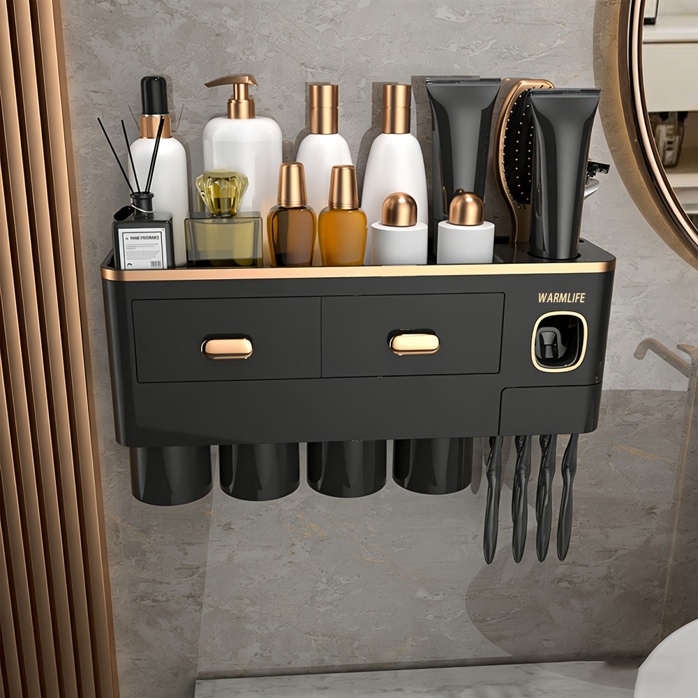 Toothbrush Holders For Bathrooms - Upgrade Wall Mounted Toothbrush Holder With Toothpaste Dispenser - 2\u002F3\u002F4 Cups, Large Capacity Tray, Cosmetic Drawer - Bathroom Decor & Bathroom Accessories
