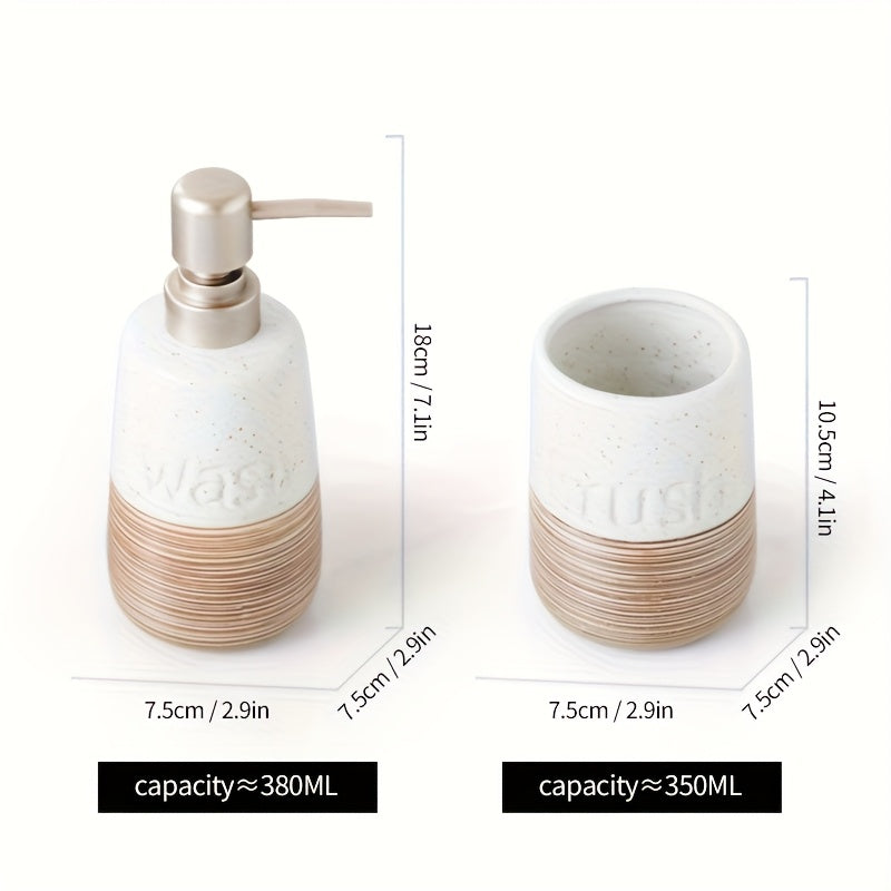 Bathroom Organization and Storage Set: Minimalist Ceramic Soap Dispenser, Smooth Porcelain Toothbrush Cup, Hotel Toilet Shampoo & Shower Gel Empty Bottles, Ceramic Press-Type Hand Soap Dispenser, Printed Brushed Ceramic Toothbrush Cup, Non-Slip