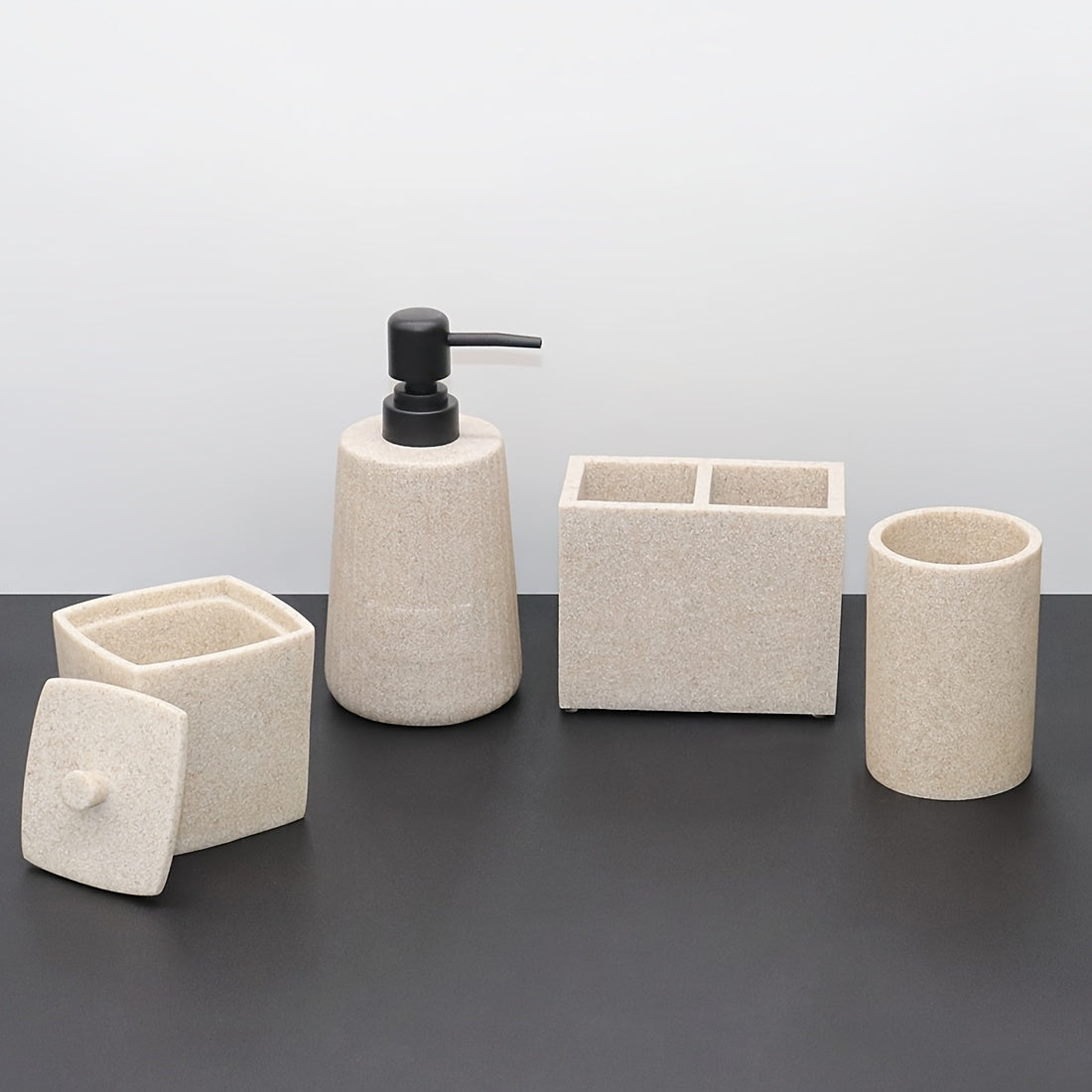 Bathroom Supplies Organizer • Including Lotion Dispensers • Toothbrush Cups • Storage Boxes for Swabs • Toothbrushes • Toothpaste • Combs • And Hand Soap Containers