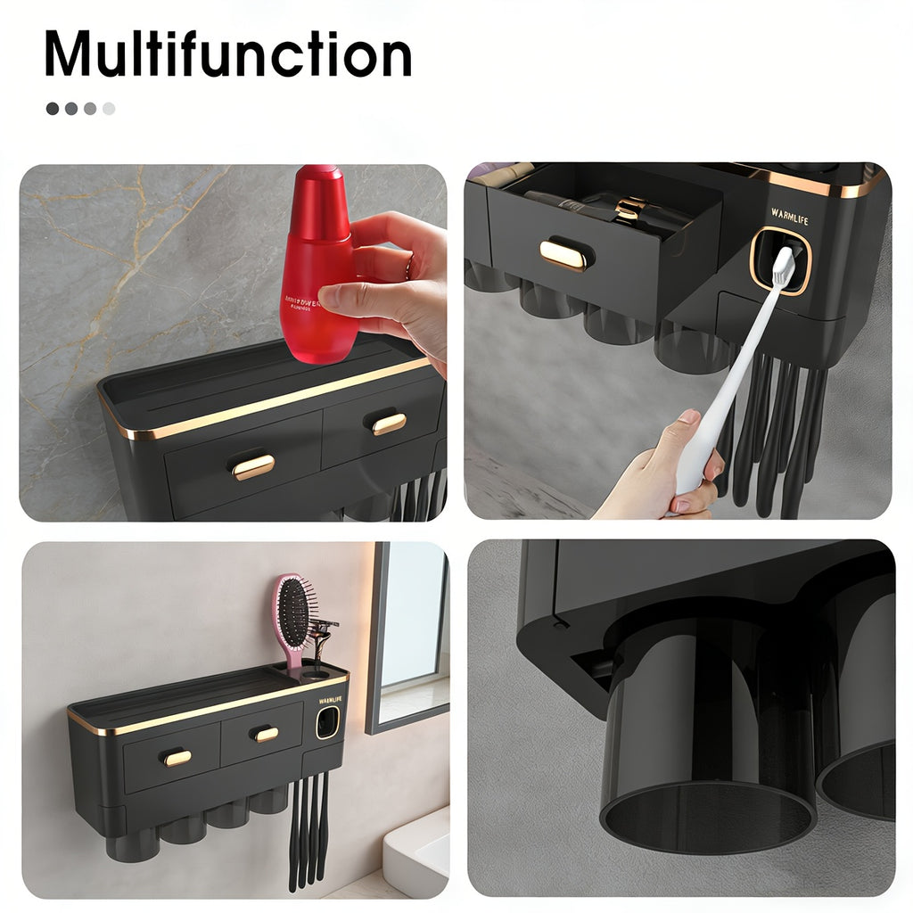 Toothbrush Holders For Bathrooms - Upgrade Wall Mounted Toothbrush Holder With Toothpaste Dispenser - 2\u002F3\u002F4 Cups, Large Capacity Tray, Cosmetic Drawer - Bathroom Decor & Bathroom Accessories
