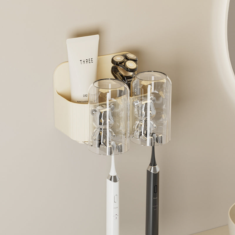 UFORU Bear Toothbrush Holder with Automatic Toothpaste Dispenser & Mouthwash Cup Rack - No Drill Adhesive Wall-Mounted Bathroom Organizer, Punch-Free Installation, Cute ' Hygiene Storage (Plastic)