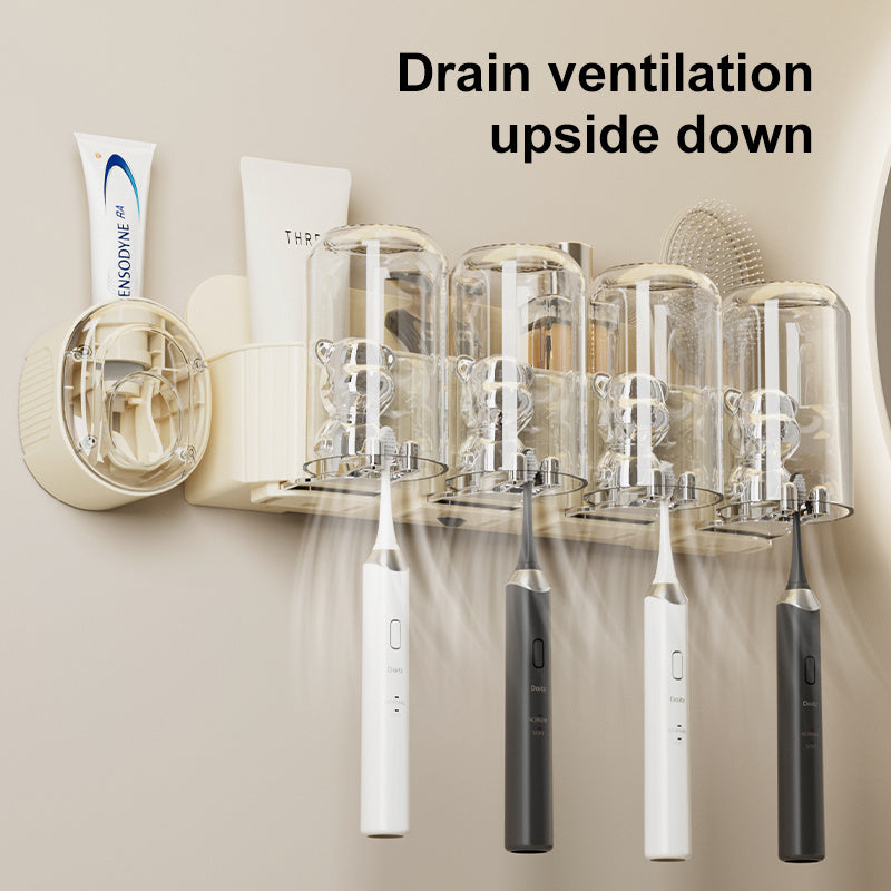 UFORU Bear Toothbrush Holder with Automatic Toothpaste Dispenser & Mouthwash Cup Rack - No Drill Adhesive Wall-Mounted Bathroom Organizer, Punch-Free Installation, Cute ' Hygiene Storage (Plastic)