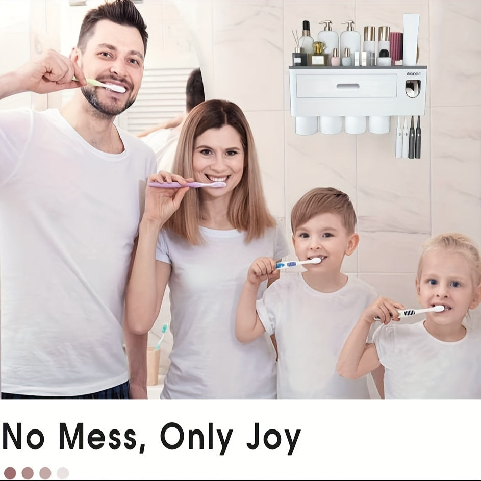 Wall-Mounted Toothbrush Holder with 4 Cups, Large Capacity Tray & 2 Cosmetic Drawers - Includes Toothpaste Dispenser - Space-Saving Bathroom Organizer Set
