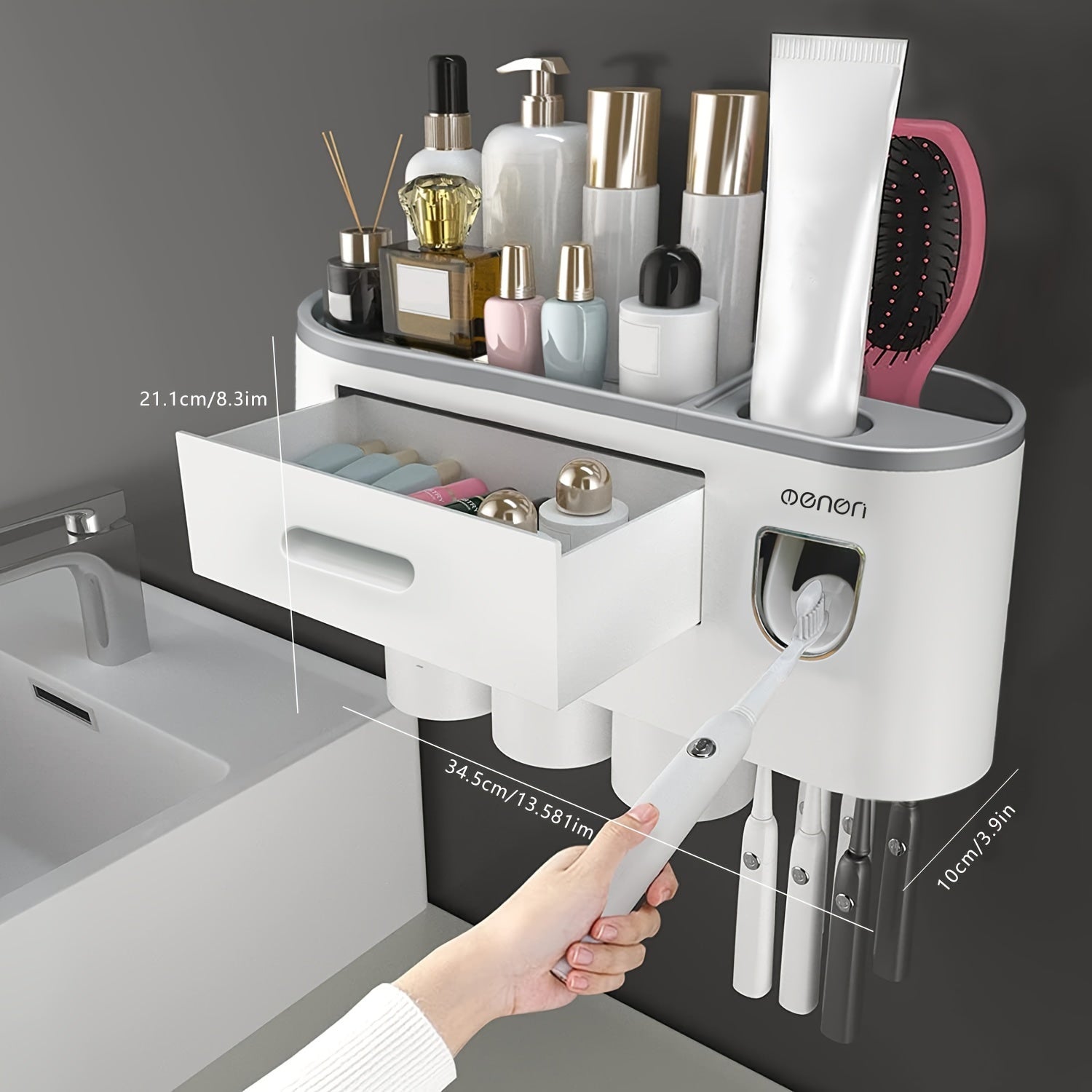 Wall-Mounted Toothbrush Holder with 4 Cups, Large Capacity Tray & 2 Cosmetic Drawers - Includes Toothpaste Dispenser - Space-Saving Bathroom Organizer Set
