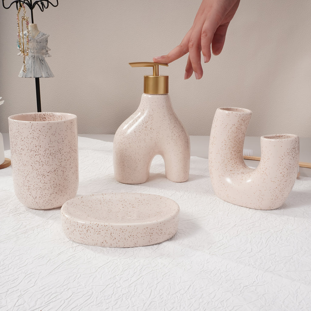 Texture Accessories 4pcs Beige Sandstone Ceramic Bathroom Set | Soap Dispenser, Toothbrush Holder, Tumbler, Soap Dish | Modern Minimalist Countertop Decor