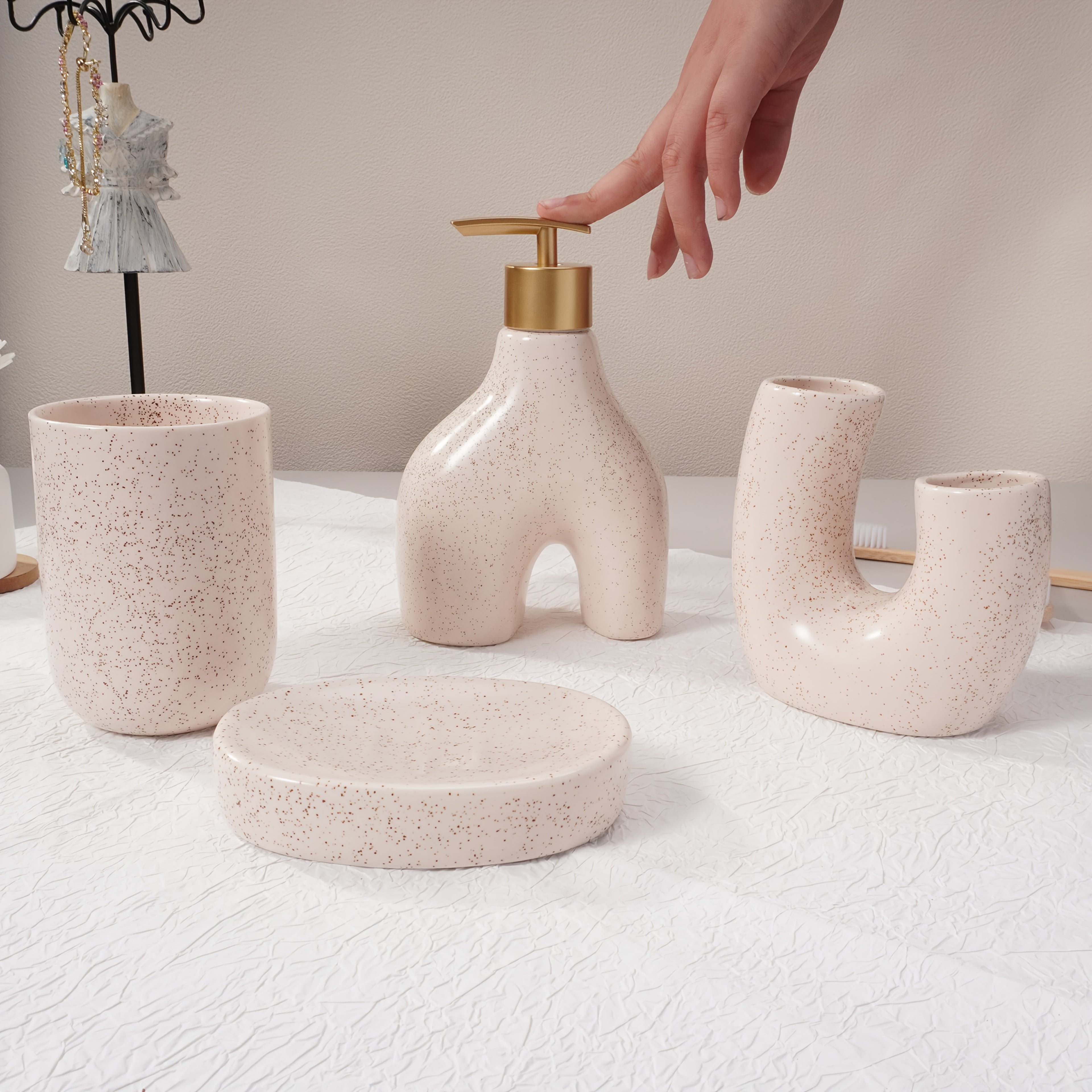 Texture Accessories 4pcs Beige Sandstone Ceramic Bathroom Set | Soap Dispenser, Toothbrush Holder, Tumbler, Soap Dish | Modern Minimalist Countertop Decor