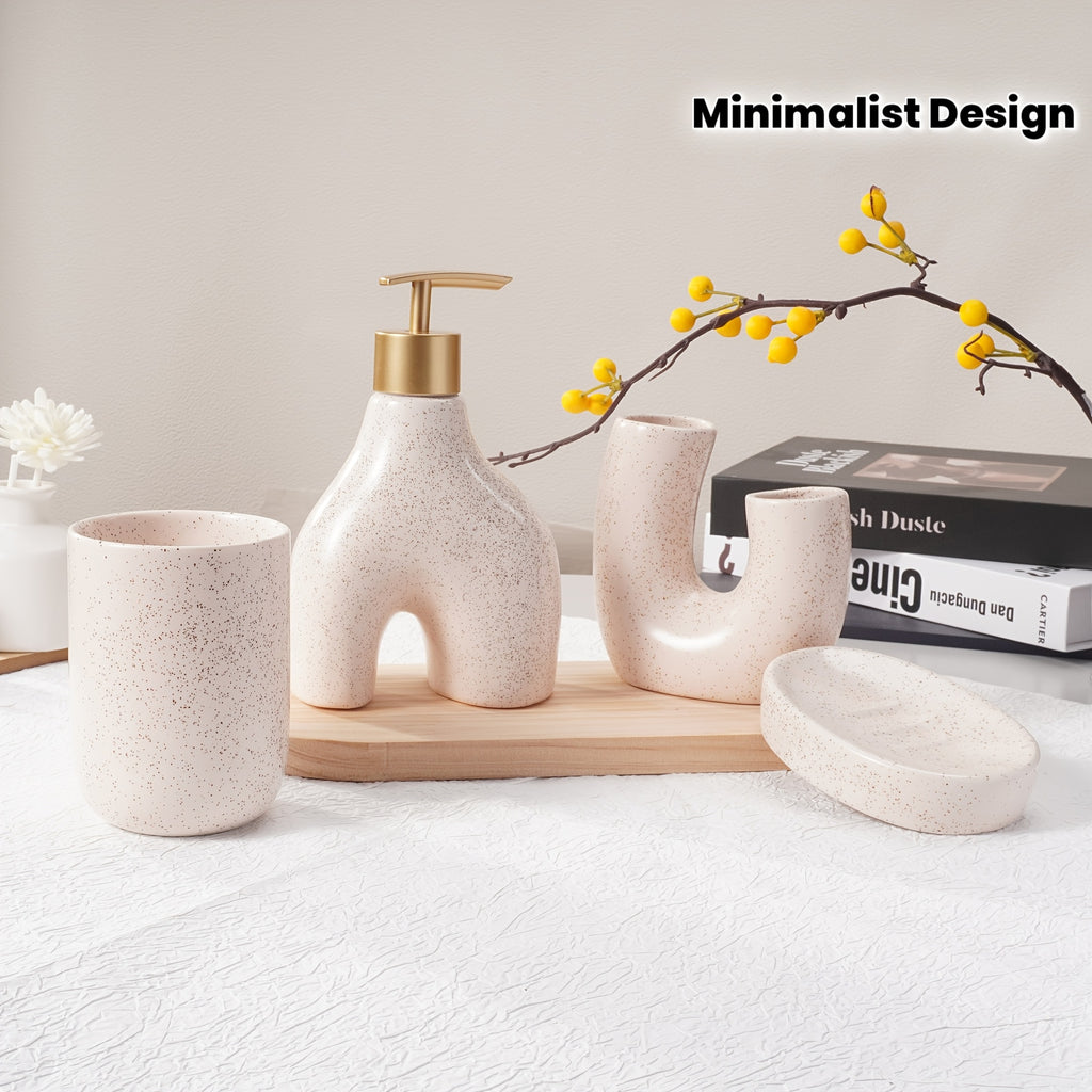 Texture Accessories 4pcs Beige Sandstone Ceramic Bathroom Set | Soap Dispenser, Toothbrush Holder, Tumbler, Soap Dish | Modern Minimalist Countertop Decor