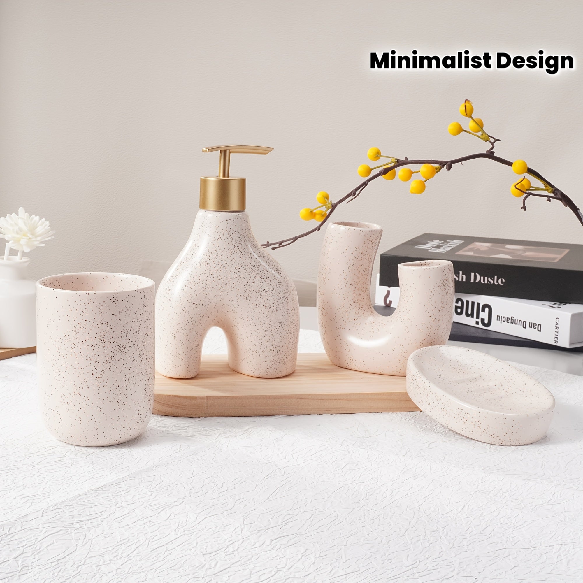 Texture Accessories 4pcs Beige Sandstone Ceramic Bathroom Set | Soap Dispenser, Toothbrush Holder, Tumbler, Soap Dish | Modern Minimalist Countertop Decor