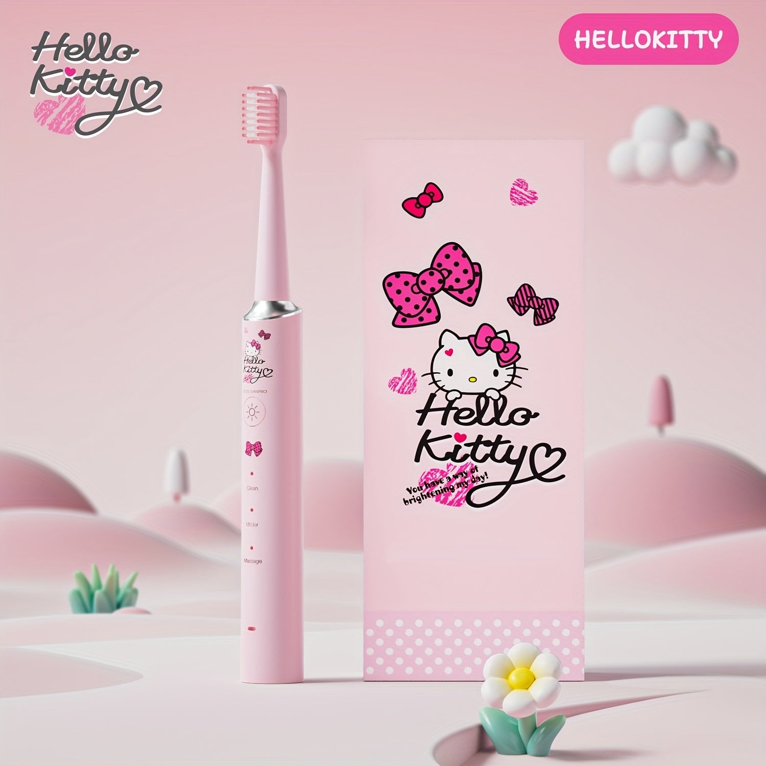 Sanrio Hellokitty Electric Toothbrush, 3 Replacement Brush Heads, 4 Cleaning Modes and 4 Intensity Levels, 2-Minute Timed Portable Packaging, Cute Design Suitable for Adult Girls' Birthday, Graduation, Christmas Gift