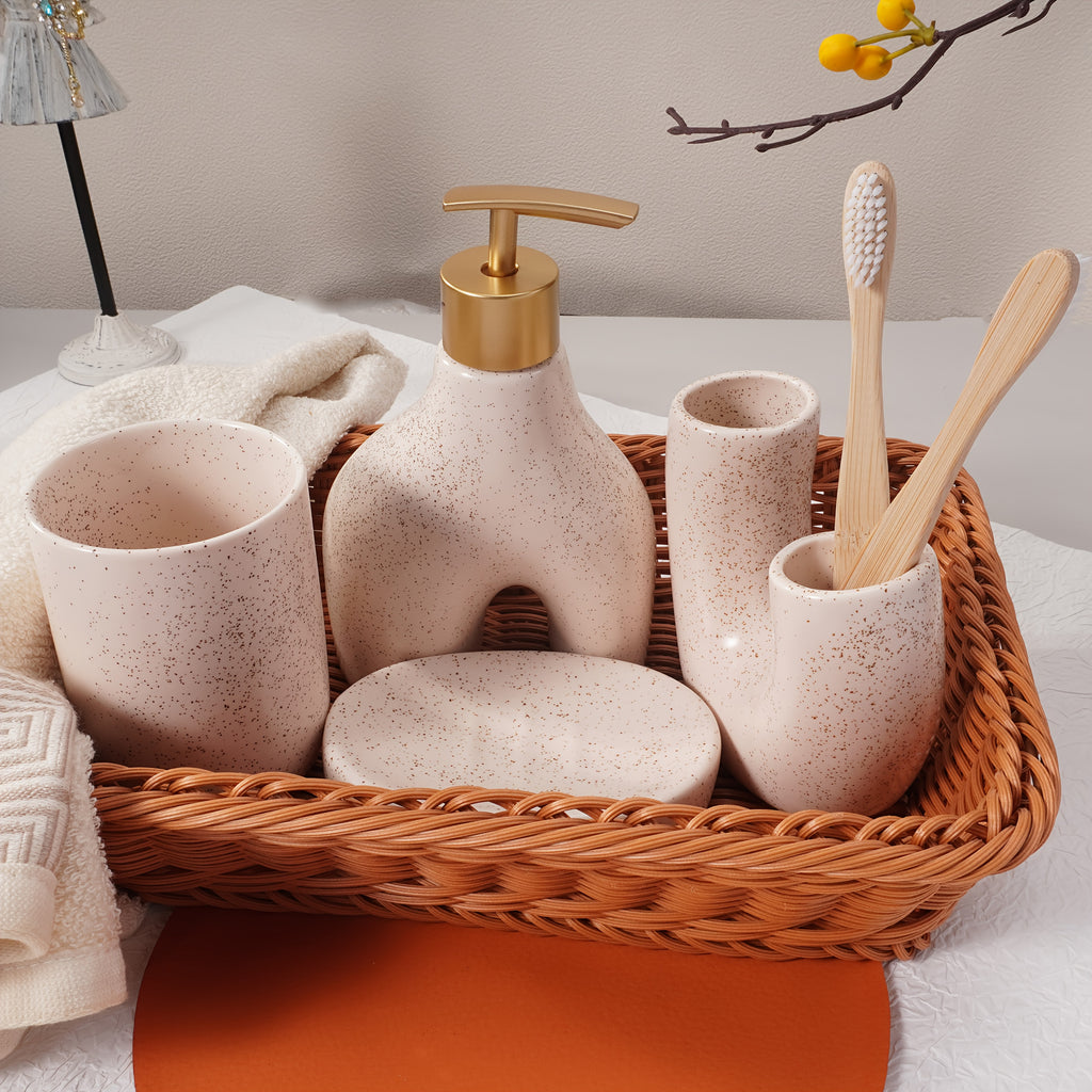 Texture Accessories 4pcs Beige Sandstone Ceramic Bathroom Set | Soap Dispenser, Toothbrush Holder, Tumbler, Soap Dish | Modern Minimalist Countertop Decor
