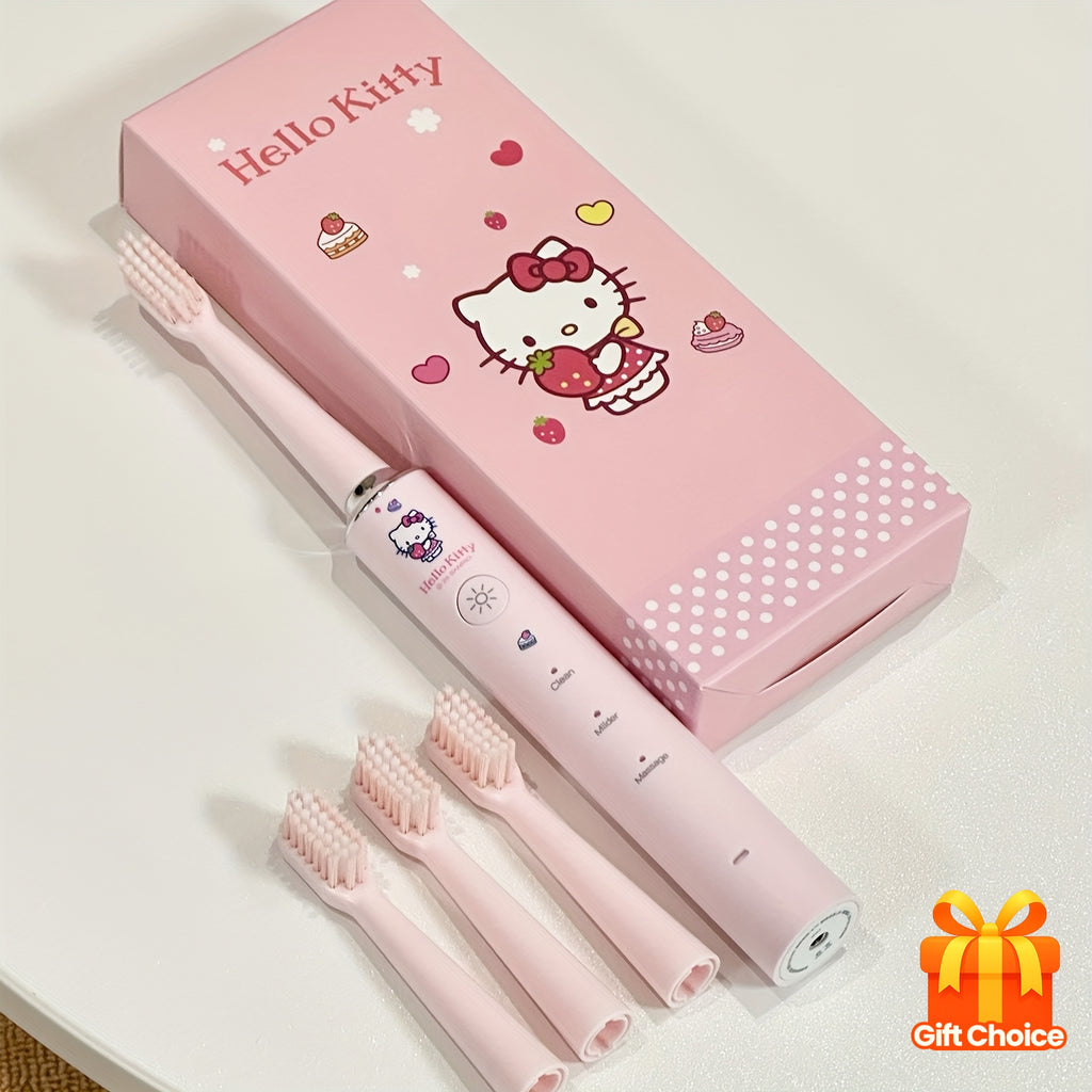 Sanrio Hellokitty Electric Toothbrush, 3 Replacement Brush Heads, 4 Cleaning Modes and 4 Intensity Levels, 2-Minute Timed Portable Packaging, Cute Design Suitable for Adult Girls' Birthday, Graduation, Christmas Gift