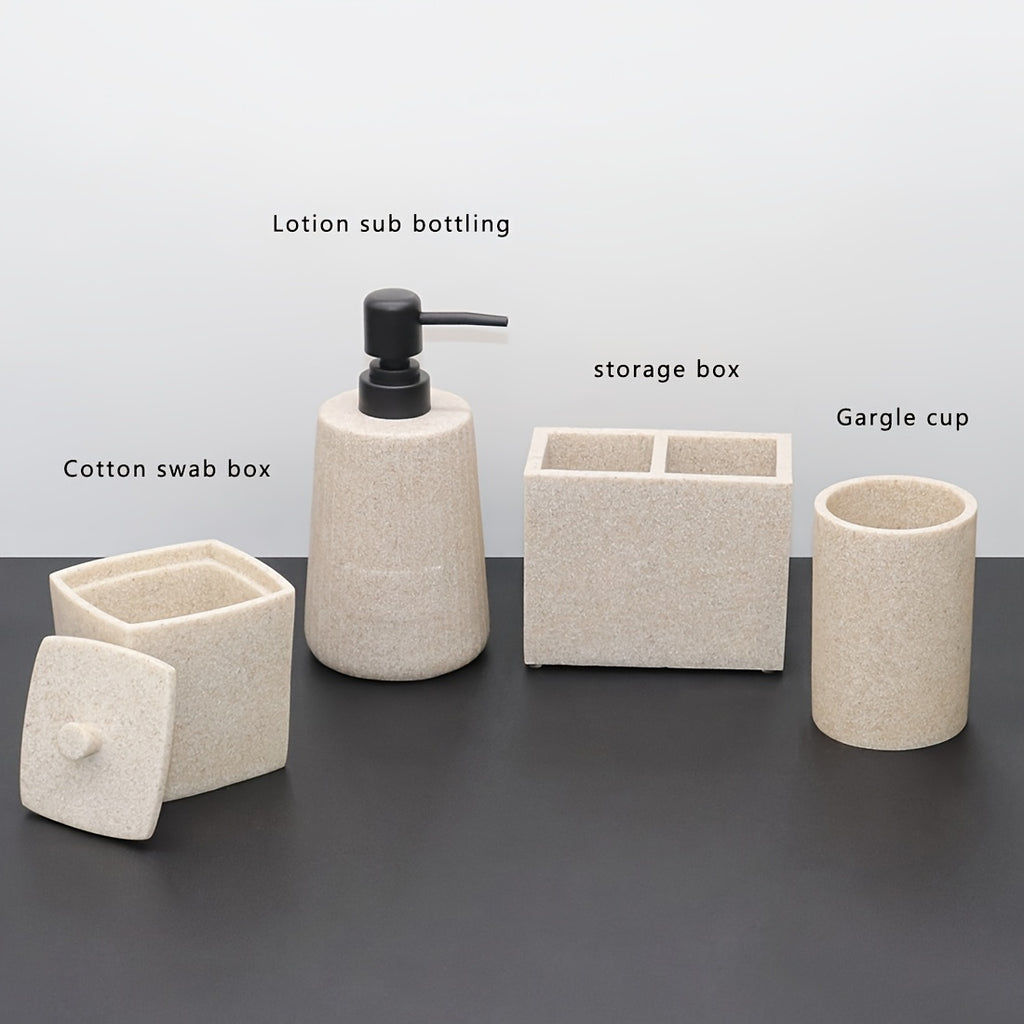 Bathroom Supplies Organizer • Including Lotion Dispensers • Toothbrush Cups • Storage Boxes for Swabs • Toothbrushes • Toothpaste • Combs • And Hand Soap Containers