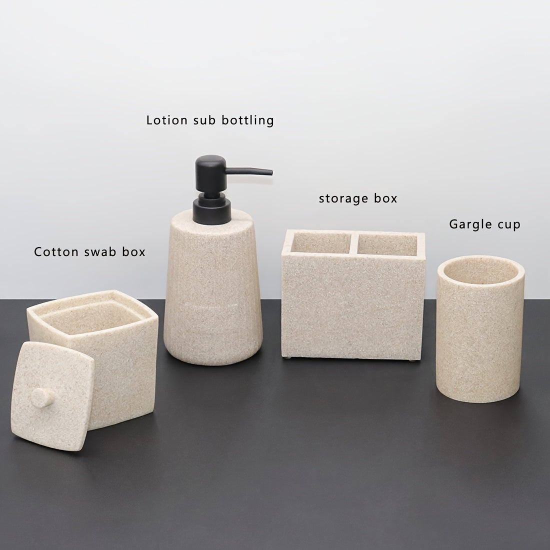 Bathroom Supplies Organizer • Including Lotion Dispensers • Toothbrush Cups • Storage Boxes for Swabs • Toothbrushes • Toothpaste • Combs • And Hand Soap Containers