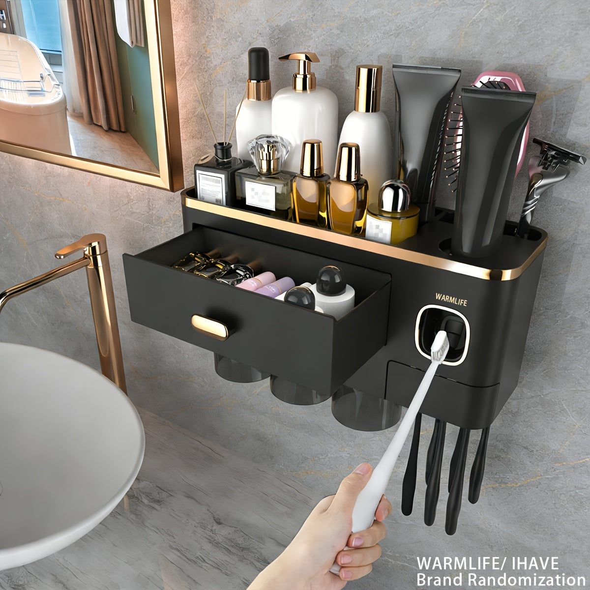 Toothbrush Holders For Bathrooms - Upgrade Wall Mounted Toothbrush Holder With Toothpaste Dispenser - 2\u002F3\u002F4 Cups, Large Capacity Tray, Cosmetic Drawer - Bathroom Decor & Bathroom Accessories