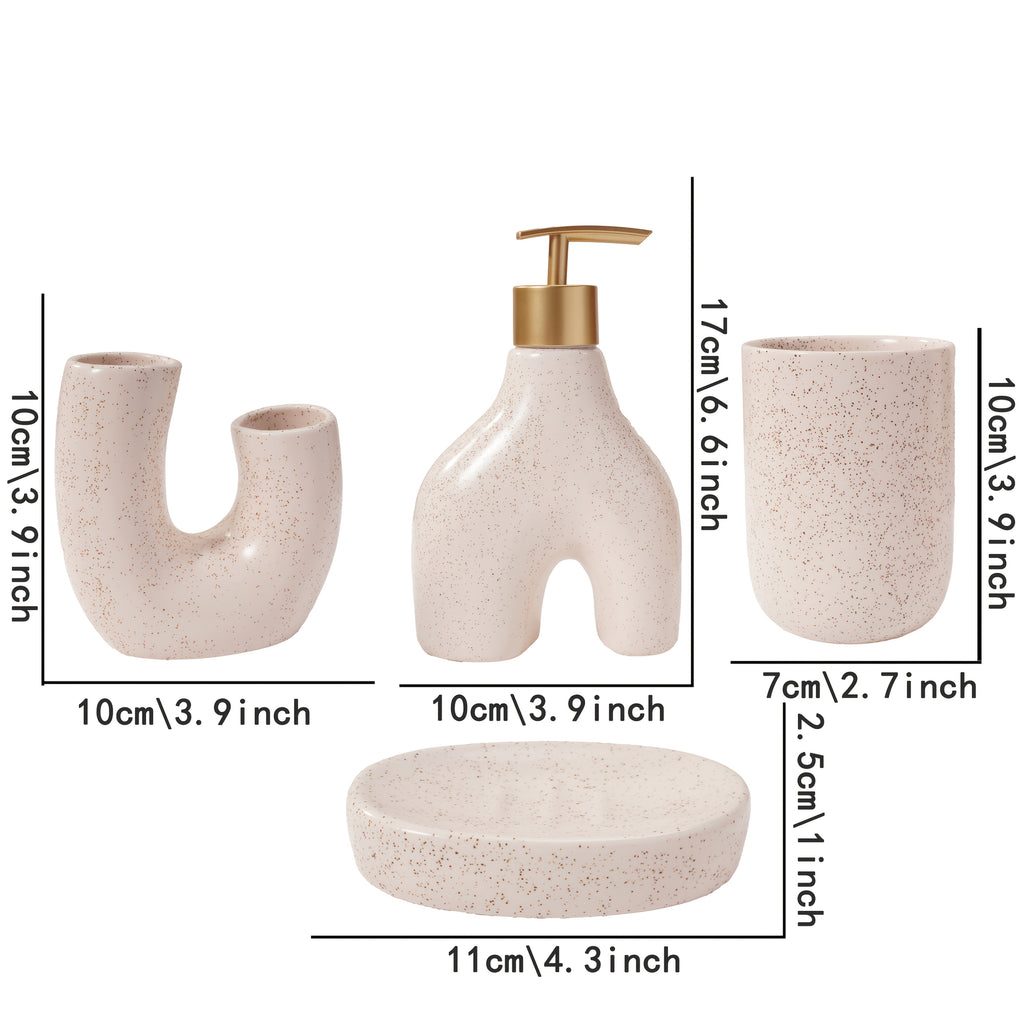 Texture Accessories 4pcs Beige Sandstone Ceramic Bathroom Set | Soap Dispenser, Toothbrush Holder, Tumbler, Soap Dish | Modern Minimalist Countertop Decor