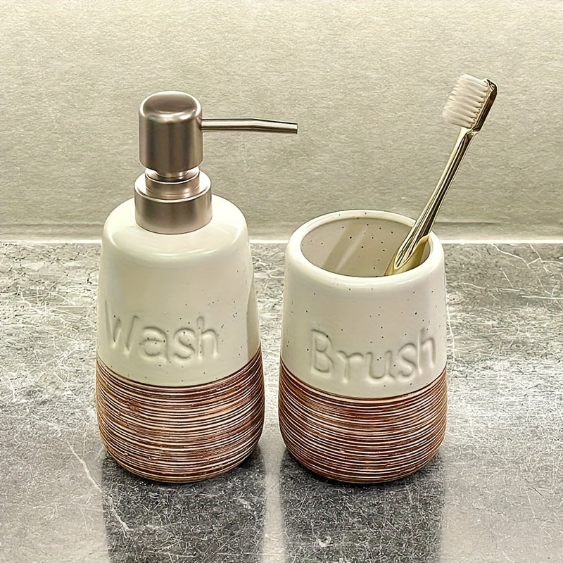 Bathroom Organization and Storage Set: Minimalist Ceramic Soap Dispenser, Smooth Porcelain Toothbrush Cup, Hotel Toilet Shampoo & Shower Gel Empty Bottles, Ceramic Press-Type Hand Soap Dispenser, Printed Brushed Ceramic Toothbrush Cup, Non-Slip