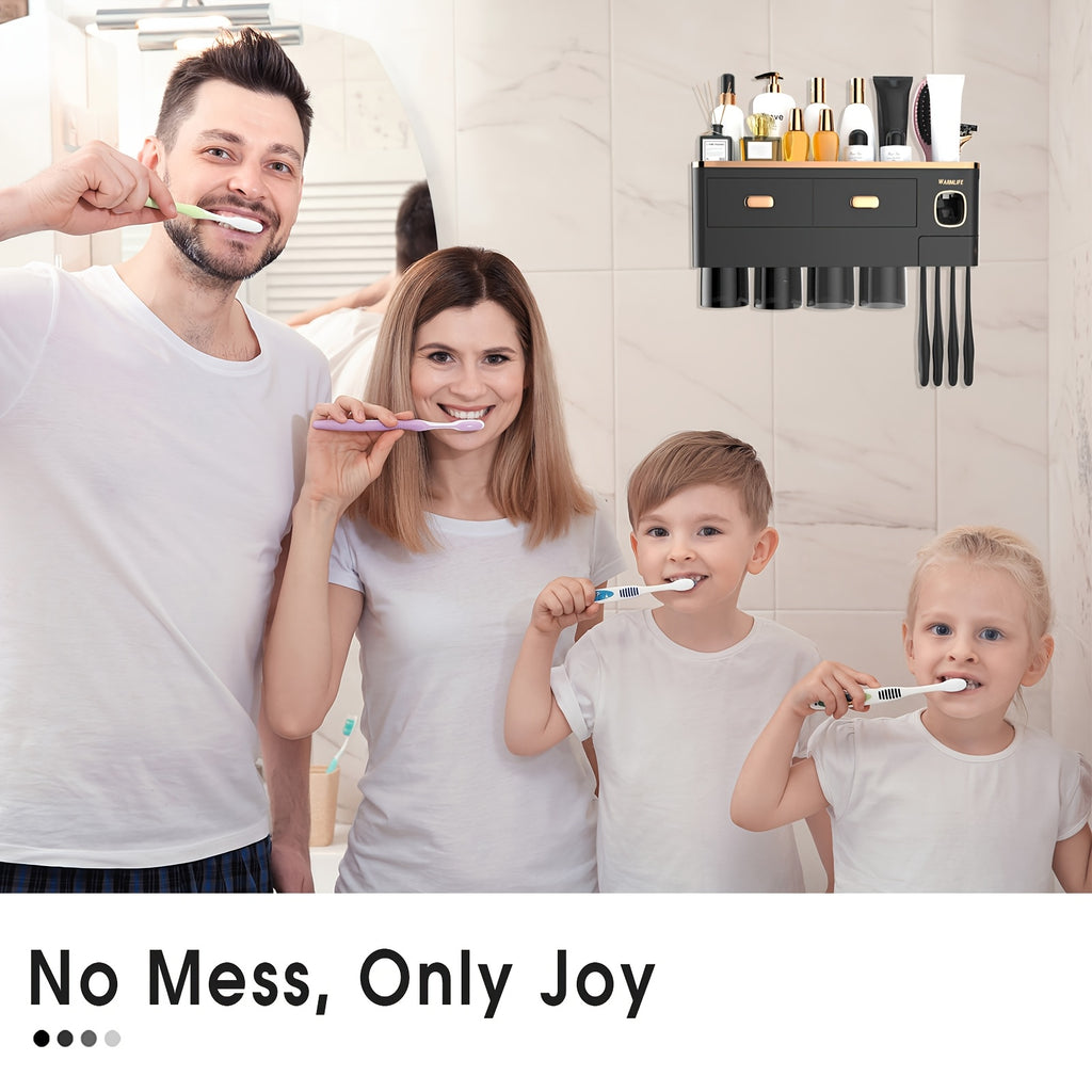 Toothbrush Holders For Bathrooms - Upgrade Wall Mounted Toothbrush Holder With Toothpaste Dispenser - 2\u002F3\u002F4 Cups, Large Capacity Tray, Cosmetic Drawer - Bathroom Decor & Bathroom Accessories