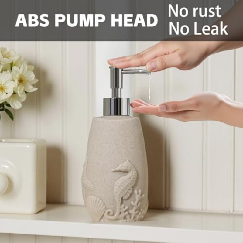 Bathroom Accessories Set 6 PCS Bathroom Accessory Sets with 3pcs Soap Dispenser Toothbrush Holder Tumbler Soap Dish Bathroom Countertop Organizer Sea Bathroom Decor Beige