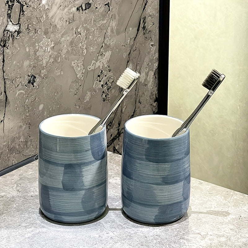 Blue Plaid Texture Ceramic, Ceramic Mouthwash Cup Bathroom Accessories, Suitable for Home and Hotel Cute Style